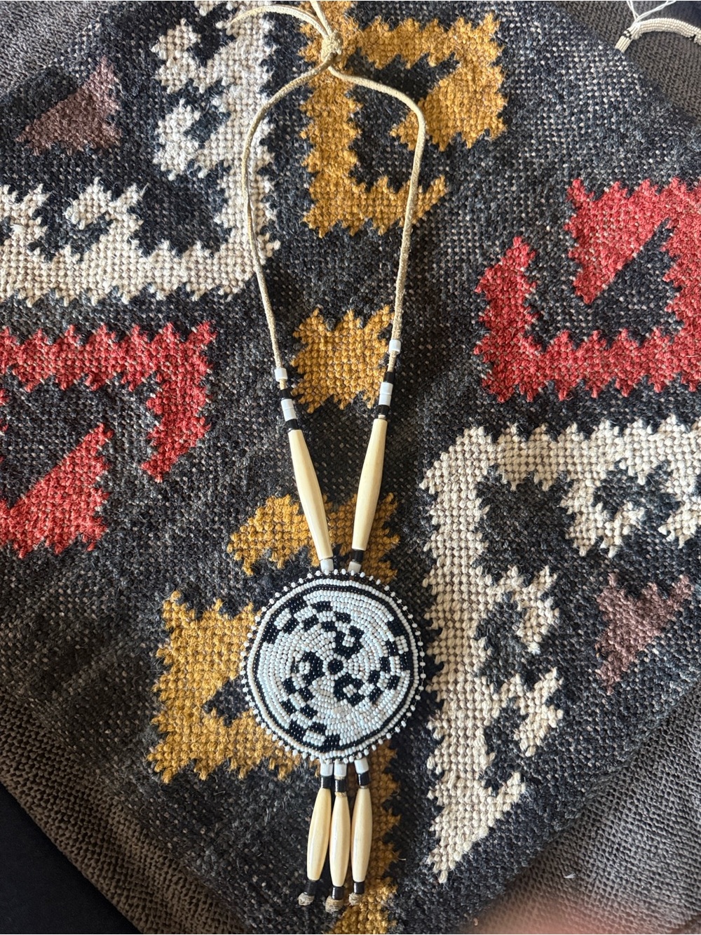Vintage Indigenous Beaded Rosette Medallion Hairpipe Bone Necklace Boho